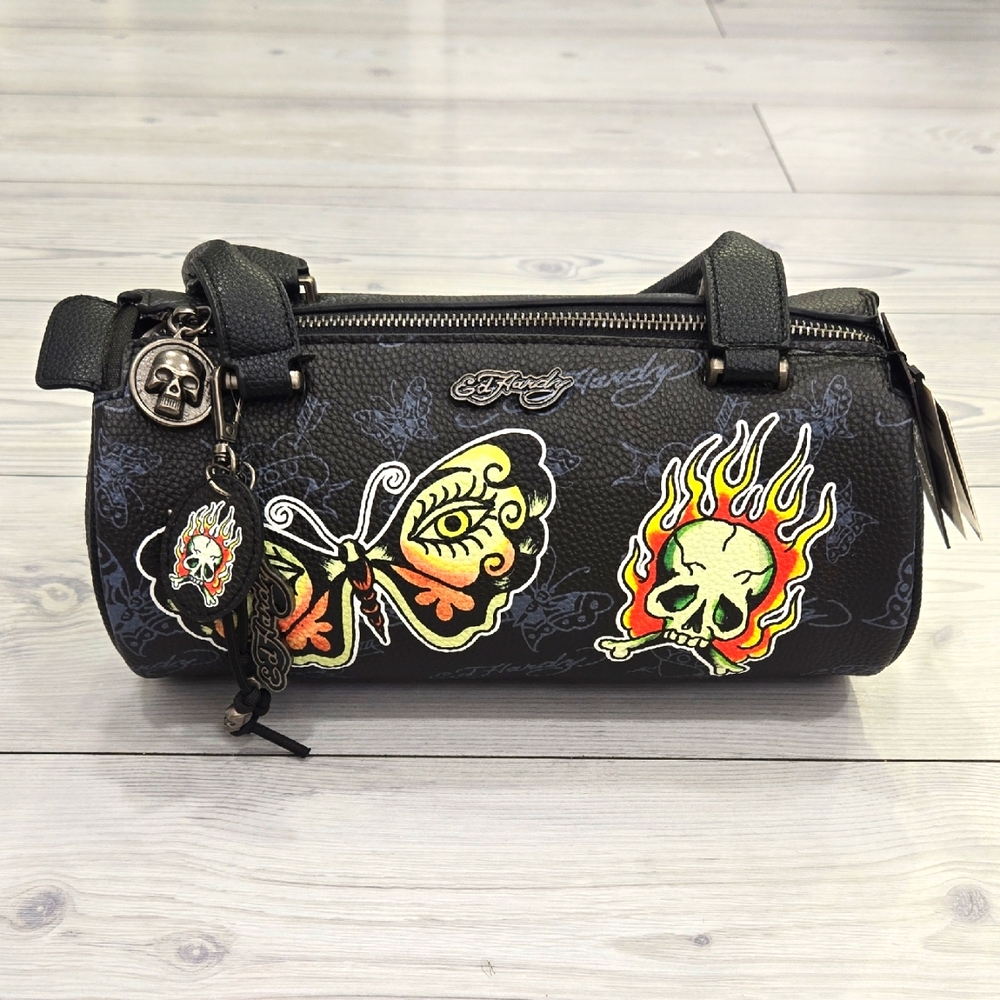 Ed Hardy Black Mini Barrel Bag with Graphic Designs